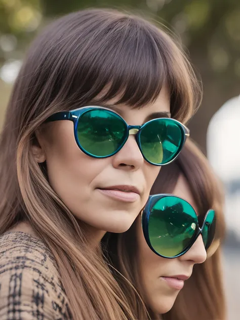 Woman with sunglasses and long hair looking at camera, inspired by Grethe Jürgens, inspirado em Larry Fink, inspirado em Kati Horna, with sunglasses, with sun glasses, Close Up foto retrato, cabelo sobre os olhos, Tiro no iPhone 1 3 Pro Max, Candid portrai...