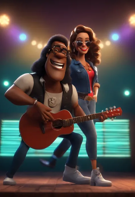 personagem dos desenhos animados com um casal animado, estilo rockn roll , On a stage with lights behind with a woman wearing glasses ,with features of Brazilian and gypsy with brown skin with long light brown hair, segurando um microfone e cantando, weari...