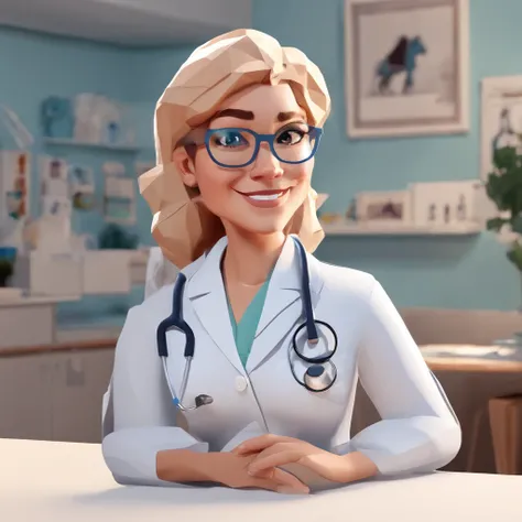 Create a poster in the style of DISNEY PIXAR 8k films, and write the Title: BRUNELLA. The setting should be a beautiful realistic doctors office, with light colors and shades of blue, large space. The main image should be of a 30-year-old woman, a beautifu...