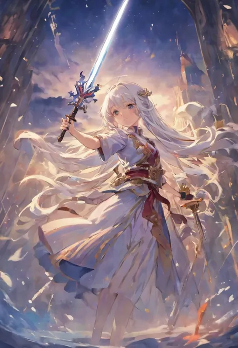 Long white hair，Royal sister，holding a sword，high and cold，Two-dimensional beauty，swordsmen，National style