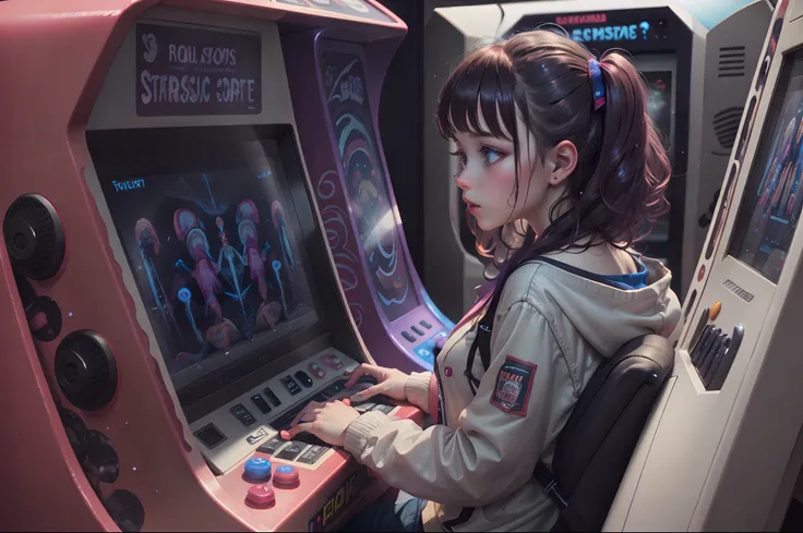 Girl playing at an arcade machine from the 80s