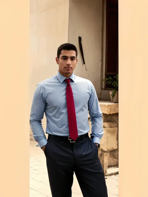 Man in blue shirt and red tie in front of a building, Mohamed Chahin, Amr Elshamy, Mohamed Reda, taken in the early 2020s, Ahmad Merheb, homem bonito, andres rios, Emad Mostaque, Ronaldo Nazario, (38 anos), serious business, imagem profissional, Motivacion...