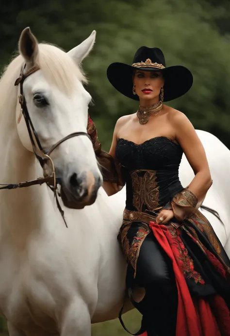 mulher loira gaucha sensual monta em um cavalo negro