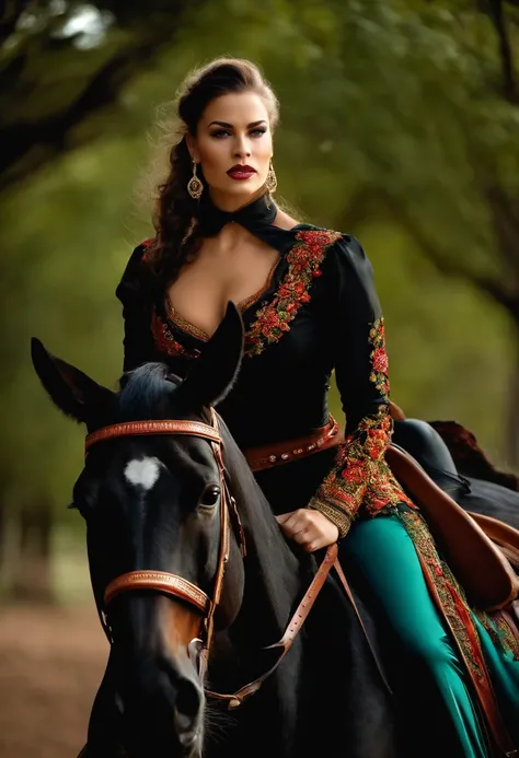 mulher loira gaucha sensual monta em um cavalo negro