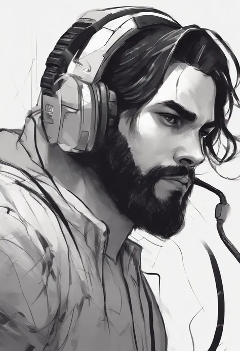 Um jovem, branco, with a medium-sized beard and long black hair, com headphone, jogando em um computador gamer