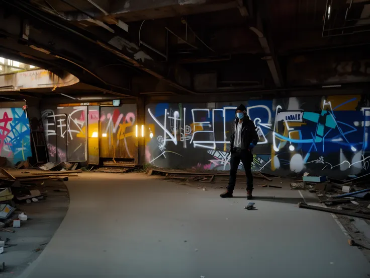 Il y a un homme debout devant un train avec des graffitis sur le mur, standing in an abandoned building, graffiti in the background, Photo prise en 2 0 2 0, se tenait dans un tunnel, Exploration urbaine, photographie prise en 2 0 2 0, Graffiti in an abando...