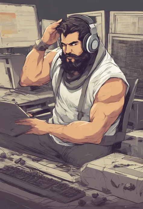 Um jovem com cerca de 90kgs, Branco, with a medium-sized beard and long black hair, com headphone, jogando em um computador gamer