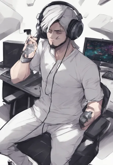 Um jovem com cerca de 90kgs, Branco, with a medium-sized beard and long black hair, com headphone, jogando em um computador gamer