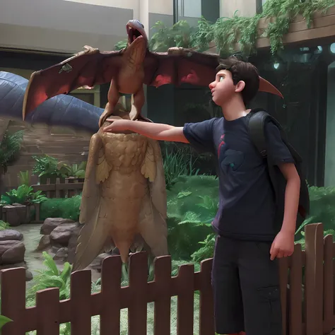 Boy holding pterodactyl on arm in Disney pixar style , melhor qualidade