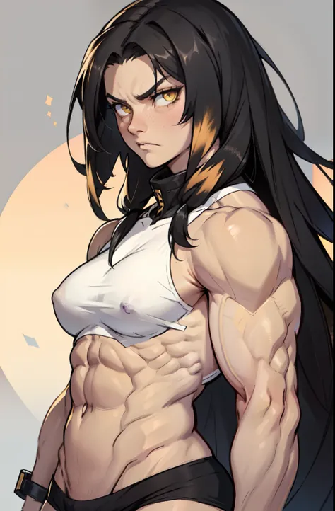 (((((1 girl))))) angry very long hair pale skin black hair yellow eyes ((((muscular toned body))))