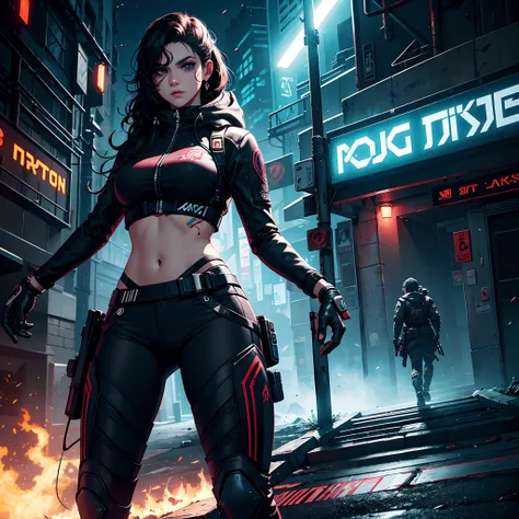 Por favor, Generate a dark cyberpunk-style illustration of a character with curly hair, pontas rosa, cor de pele castanhaclarafeminina, em um jogo FPS, with visible movement buttons. Local do lugar ela de costa no estilo do jogos em terceira pessoas, que s...