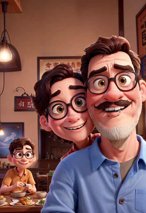 Pixar movie poster of a couple of young lovers taking a picture at the Chinese restaurant. A menina tem cabelos claros e olhos castanhos, o menino tem bigode, Beard and glasses