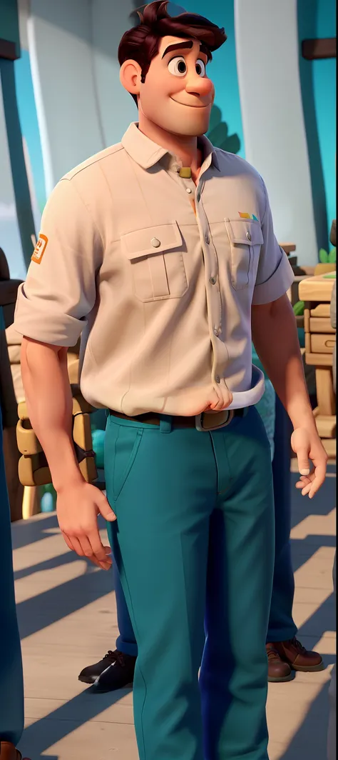 Um homem com camisa de aventureiro estilo disney pixar, alta qualidade, melhor qualidade