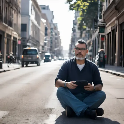 guttojugg1, half-body photo of bearded guy with glasses, sit in middle of street, ((bokeh luz)), intrincado, (steel metal [desca...