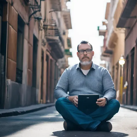 guttojugg1, half-body photo of bearded guy with glasses, sit in middle of street, ((bokeh luz)), intrincado, (steel metal [descansar]), elegante, foco nítido, Foto tirada por Greg Rutkowski, soft lighting, cores vibrantes, (master part), ((Ruas)), (Rosto d...