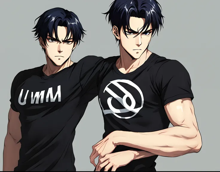 Um Homem cinza em estilo anime,with a serious face and a black shirt with the T-shaped symbol