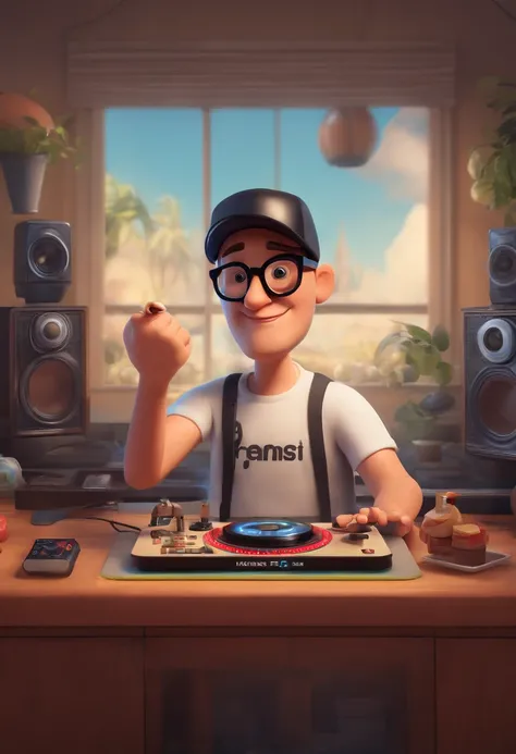 create a Pixar-inspired 3D poster capturing a scene with a bald man, DJ with a beardless face, no 30-year-old who wears glasses, a black cap and an apple watch and wears a white t-shirt with Dj Magoo written on it, and hes playing a pioneering controller w...