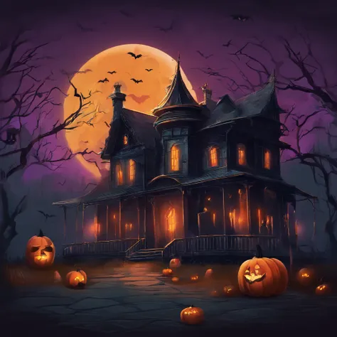 Create Halloween Style Background Scenery, aboboras e luzes, fantasmas, casa mal assombrada em alta qualidade