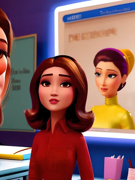 mulher parda, tom de pele escuro, cabelo alisado , Medium hair length, rosto afinado, corpo cheio de curvas, ao estilo pixar , in an office, com roupa social