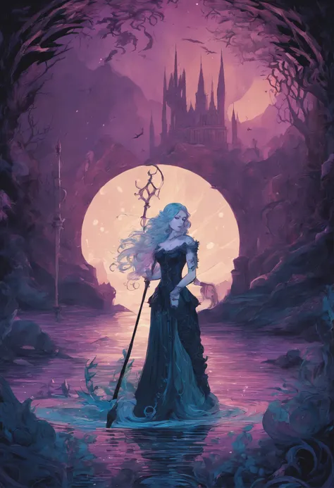 a thalassic setting, a dark and deep sea, dark plants with purple lights. Wandering in this sea, a female figure, a mermaid, white skin, dark and ethereal blue hair, light and long clothes, holding a black staff, with a small purple flame at its tip.