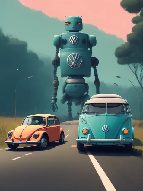 A VW Beetle and a Kombi driving down a Brazilian highway next to a giant sympathetic robot by Simon Stlenhag