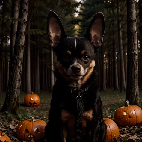 Halloween vibes, dark forest in October chihuahuas growling