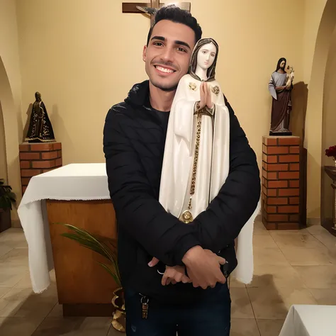 Arafed man holding a statue of the Virgin Mary in a church, mateus 9 5, Foto realista, Rosemary Ressendi, Directed by: Daniel Lieske, Com o Menino Jesus, Cristiano Orrillo, Imagem, Directed by: Benjamin Marra, 155 cm de altura, Jose Miguel Romano Francisca...