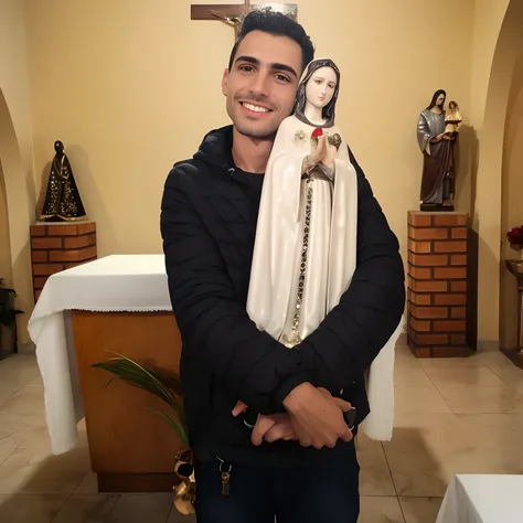 Arafed man holding a statue of the Virgin Mary in a church, mateus 9 5, Foto realista, Rosemary Ressendi, Directed by: Daniel Lieske, Com o Menino Jesus, Cristiano Orrillo, Imagem, Directed by: Benjamin Marra, 155 cm de altura, Jose Miguel Romano Francisca...