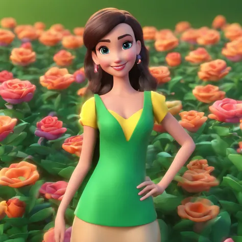 mulher negra, cabelos longos e cacheados, bochechas rosadas, sorriso bonito, olhos verdes vibrantes, vestido rosa, corpo inteiro, Detalhes ricos, diferente, a mulher tem 25 anos, , Girl is walking through the flower garden. Disney Pixar 3D desenho animado