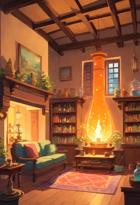 Living room with magic potions, Cristais, Ervas, incenso, livro um lugar aconchegante bem iluminado