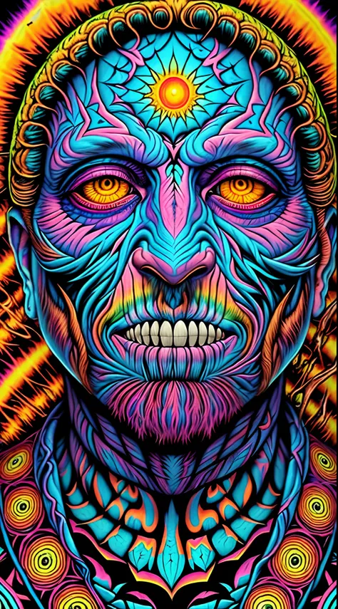 a close up of a face with a weird looking face, dan mumford and alex grey style, shamanic dmt horror art, scary color art in 4 k...