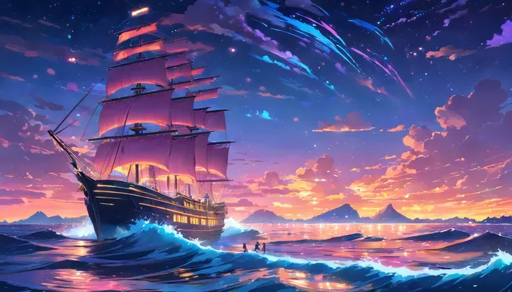 In the dark of night, a tall ship sails across moonlit seas with clouds, a glowing moon, and shining stars. The scene is brought to life with colorful and detailed neon light art that creates a mesmerizing effect. The ship is illuminated in vibrant hues, h...