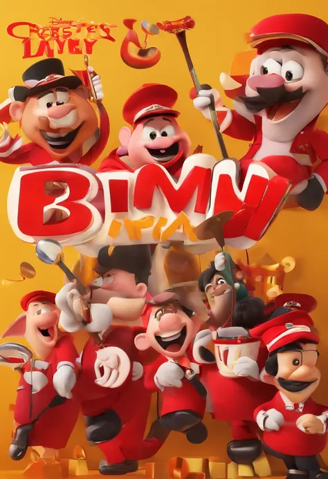 Create a Disney Pixar-inspired poster featuring the characters in a marching band in red outfits and black pants playing various instruments with the name of the band Bamuv