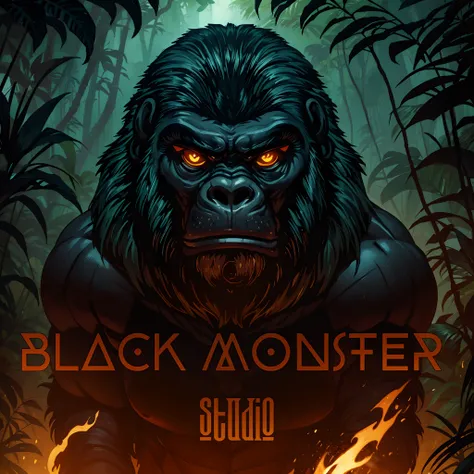 A angry gorilla, escrito Black Monster Studio, ultra quality, afrofuturistic jungle, jungle background