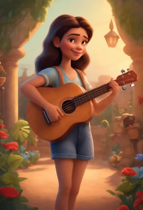 crie um banner no estilo disney Pixar. Uma menina, branca, loira de olhos azuis, mas jovem, usando uma camiseta, Wearing jeans and holding a classic ukulele with 4 strings.