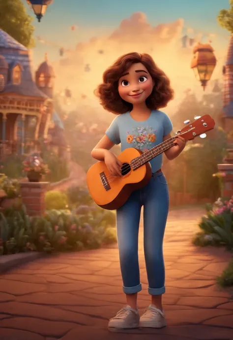 crie um banner no estilo disney Pixar. Uma menina, branca, loira de olhos azuis, mas jovem, usando uma camiseta, Wearing jeans and holding a classic ukulele with 4 strings.