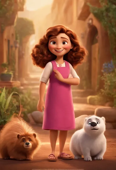 a Disney Pixar movie poster showing a white-skinned family. The father is the tallest, Tem barba curta, loiro, cabelos curtos e espinhosos. The mother has brown eyes and hair, compridos, She has a wide smile and is thin. A menina tem 14 anos e cabelos cast...