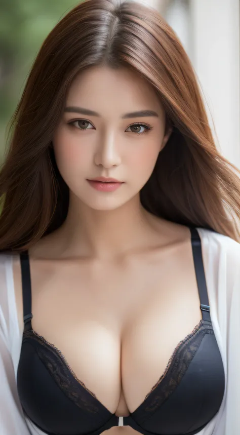 ((Best quality, 8k, Masterpiece :1.3)), Sharp focus :1.2, A pretty woman with perfect figure :1.4, Slender abs :1.2, ((Dark brown hair, Big breasts :1.2)), (White button up long shirt :1.1), ((show cleavage with bra:1.2)),City street:1.2, Highly detailed f...