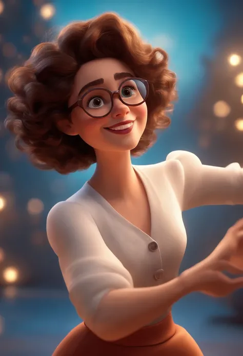 Pixar style image with 3D character white glasses brunette woman short curly hair dancing, Maquiagem Disney,Pescador, bonitinho, sorridente ,Close-up, Pixar, Disney, Cinema lighting,