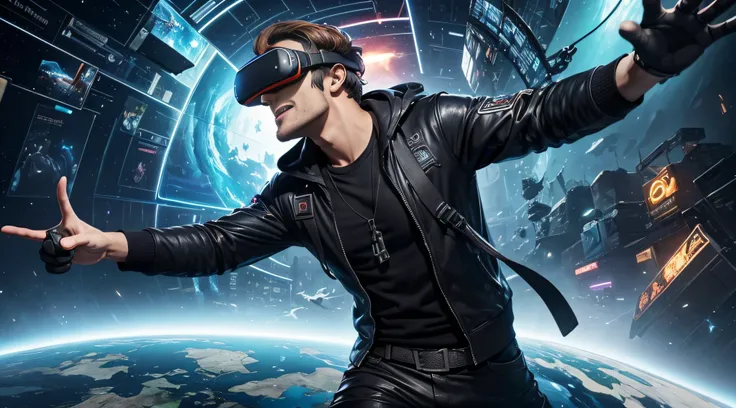 In the animated scene, a lively and enthusiastic man is wearing virtual reality glasses. His face displays an expression of excitement as he interacts with the virtual environment. The scenery around him is full of icons and elements representing various g...