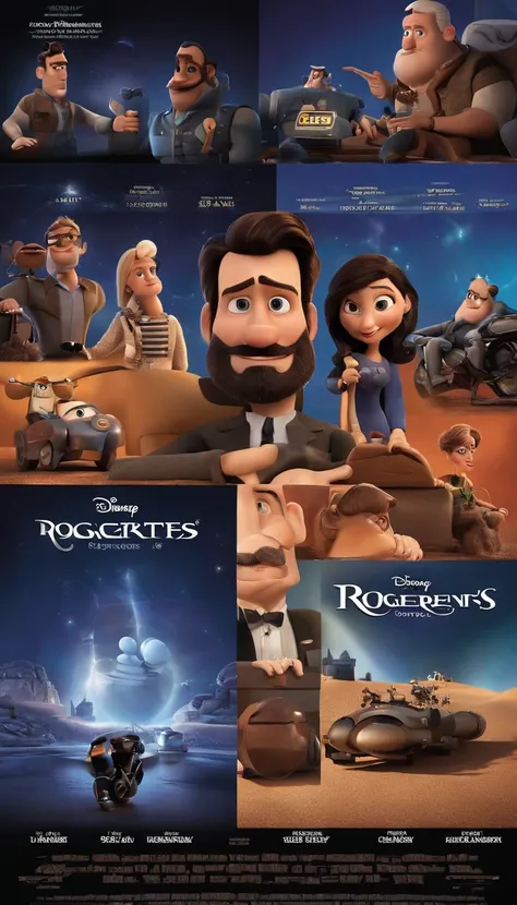 a poster of the Disney-style 3D film from Pixar with the text "RogerCortess" is a 40-year-old man, with a medium beard, more white than black, very little hair, a few strands of hair on his forehead, somewhat strong, biker style sitting at a computer ,futu...