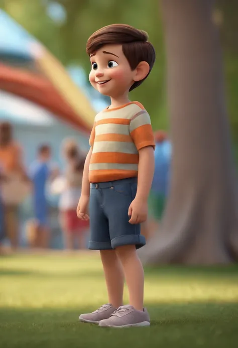 a happy cute kid standing short hair, vestindo uma fantasia espacial, , fundo branco, barnet, tom, Estilo Pixar, ..3d, desenhos animados, rosto detalhado, asymmetrical 16k