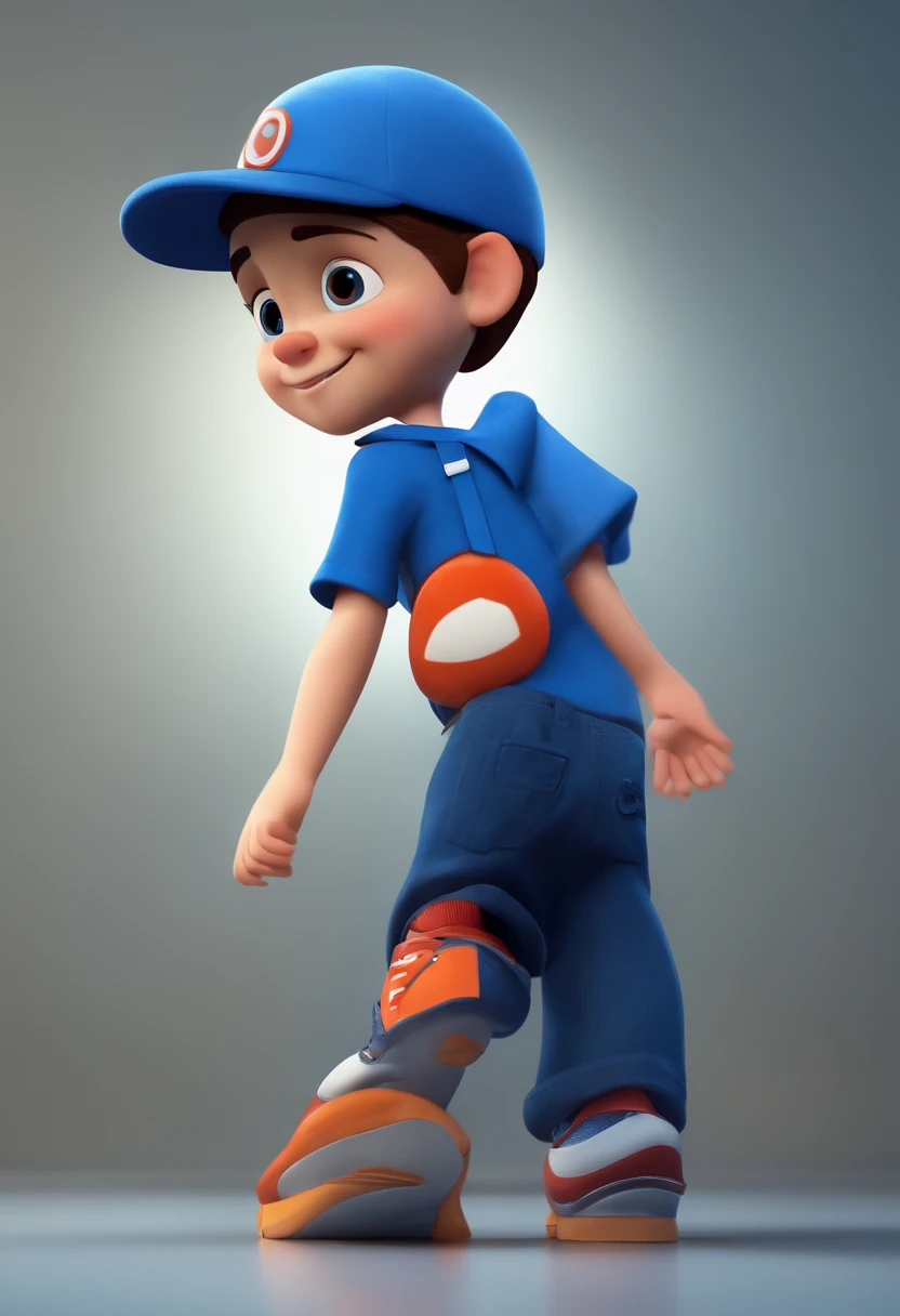 A happy cute boy standing short hair with dark blue cap , vestindo uma camisa azul , , fundo branco, barnet, Tom, Estilo Pixar, ......3d, desenhos animados, rosto detalhado, asymmetrical 16k