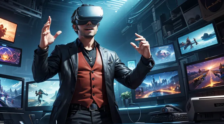 In the animated scene, a lively and enthusiastic man is wearing virtual reality glasses. His face displays an expression of excitement as he interacts with the virtual environment. The scenery around him is full of icons and elements representing various g...