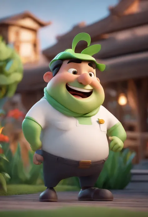 Cartoon character of a happy fat japanese man with a white shirt with green sleeve, animation character,  green light, ESG, solar energy, animation style rendering, 3D style, Arnold Maya render, 3 d render stylized, toon render keyshot, Personagem 3D, Pers...