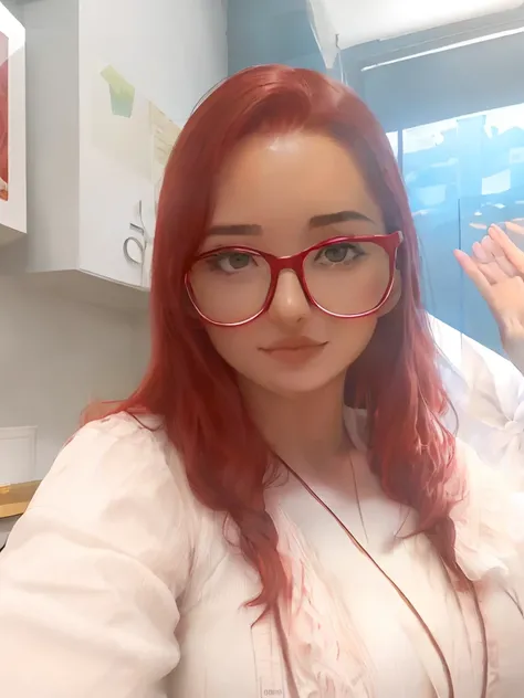 there is a woman with red hair and glasses taking a selfie, Parece Fabiula Nascimento, Ayahausca, andrea rocha, foto selfie, vermelho - bochechas!!, Bochechas vermelhas, foto de perfil headshot, selfie shot straight on angle, BBWCHAN, qualidade muito baixa...