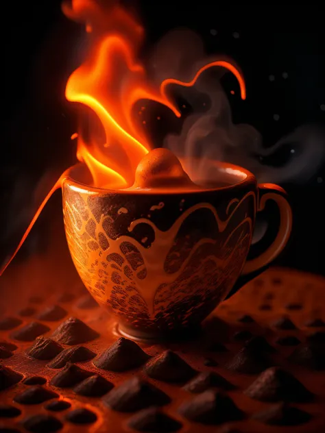 Volcano Coffee cup, latte art of maximal coffee, violently erupting out of kintsugi black lava rock coffee cups, rims glowing hot, molten red coffee lava splashing and overflowing out of the cup, volumetric dust particles, exploding lava, steam, floating c...