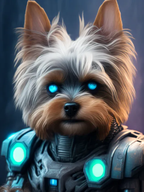 A Yorkshire Terrier dog with blue eyes (Roboto) como o doomslayer, realistic scifi cyberpunk power armor robot, retrato de close-up