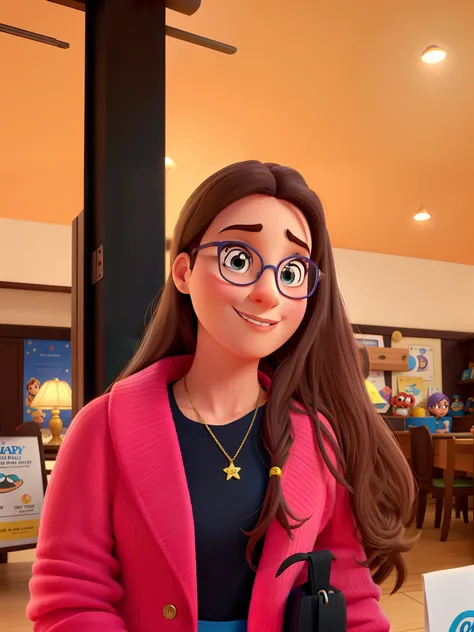 poster no estilo disney pixar, uma mulher branca de oculos, estilo disney pixar, alta qualidade, melhor qualidade