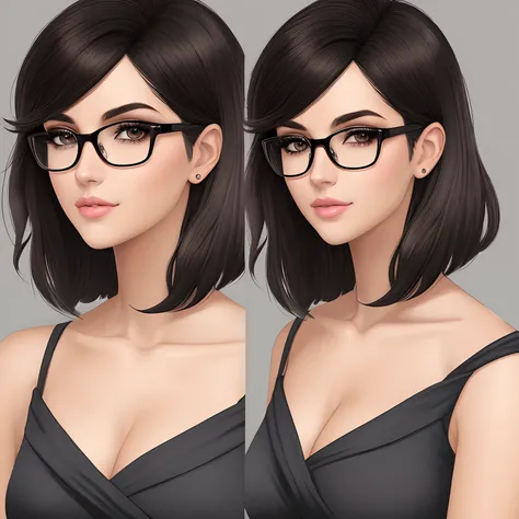 ju! Here is a description of a drawing of a brunette woman in glasses with black eyes and short hair in pixel style:

- The design will be in pixel art style, com simples, square strokes.
- The woman will have brown skin, com tons de marrom.
- She will wea...